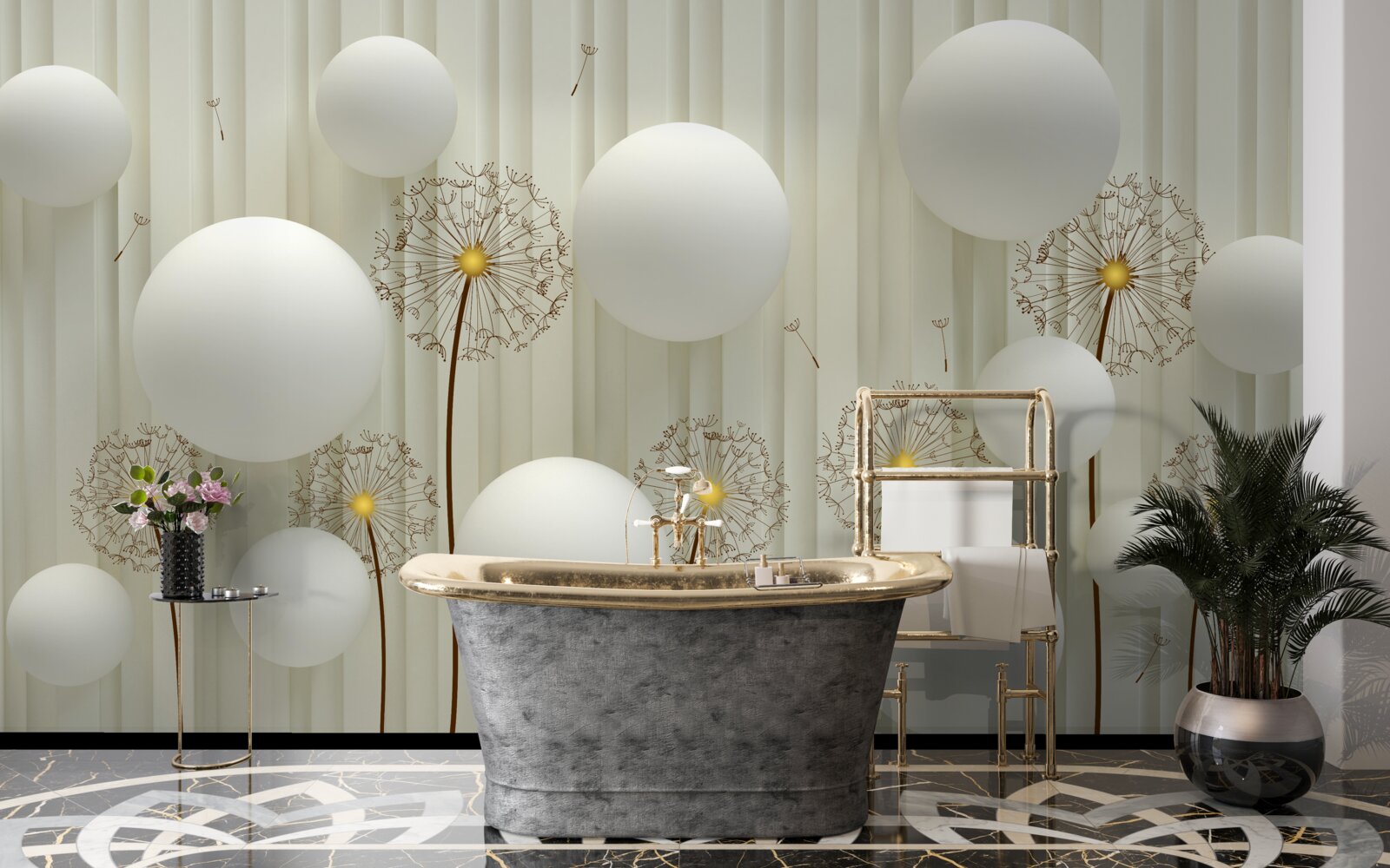 Fototapet compoziție de bile albe și păpădii înflorite