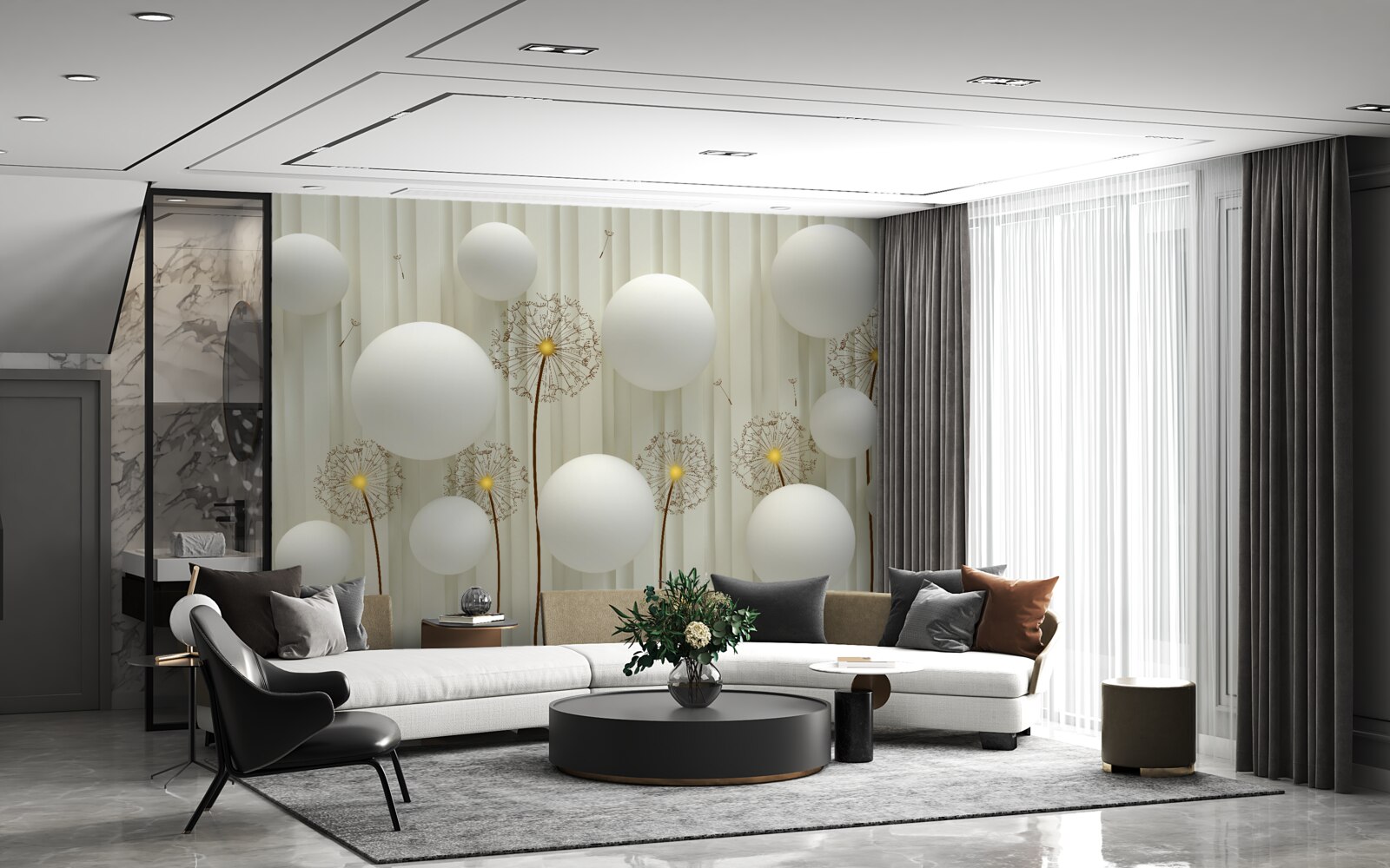 Fototapet compoziție de bile albe și păpădii înflorite