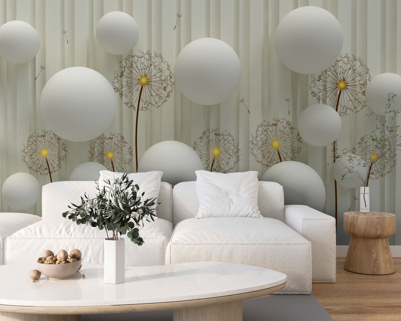 Fototapet compoziție de bile albe și păpădii înflorite