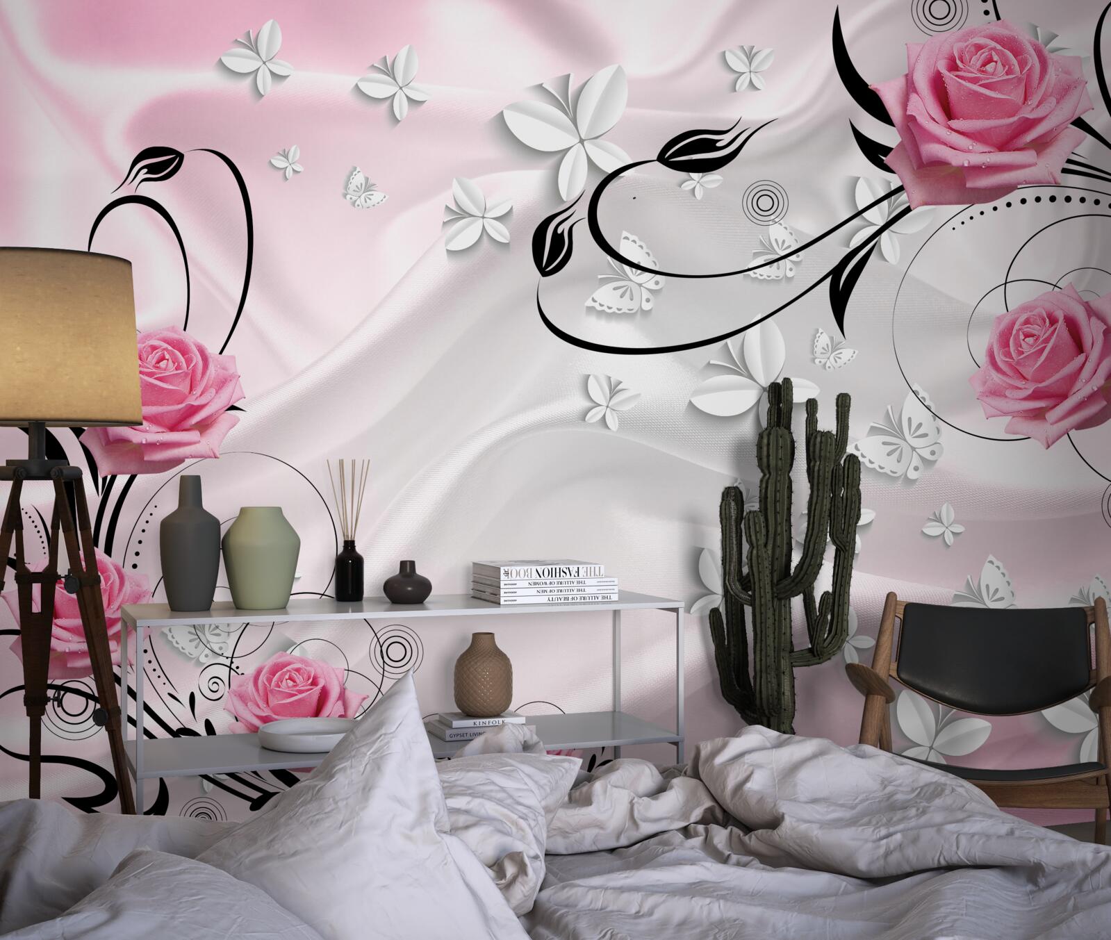 Fototapet trandafiri roz pe un fundal de mătase albă ca zăpada