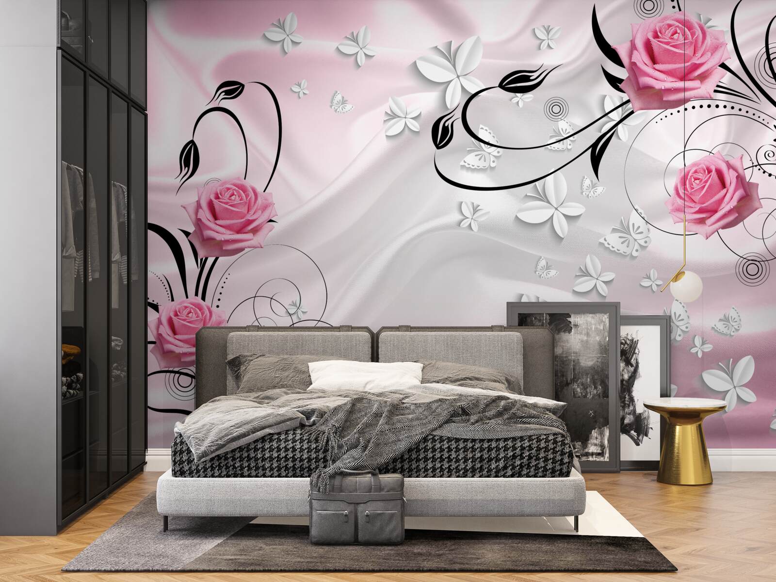 Fototapet trandafiri roz pe un fundal de mătase albă ca zăpada