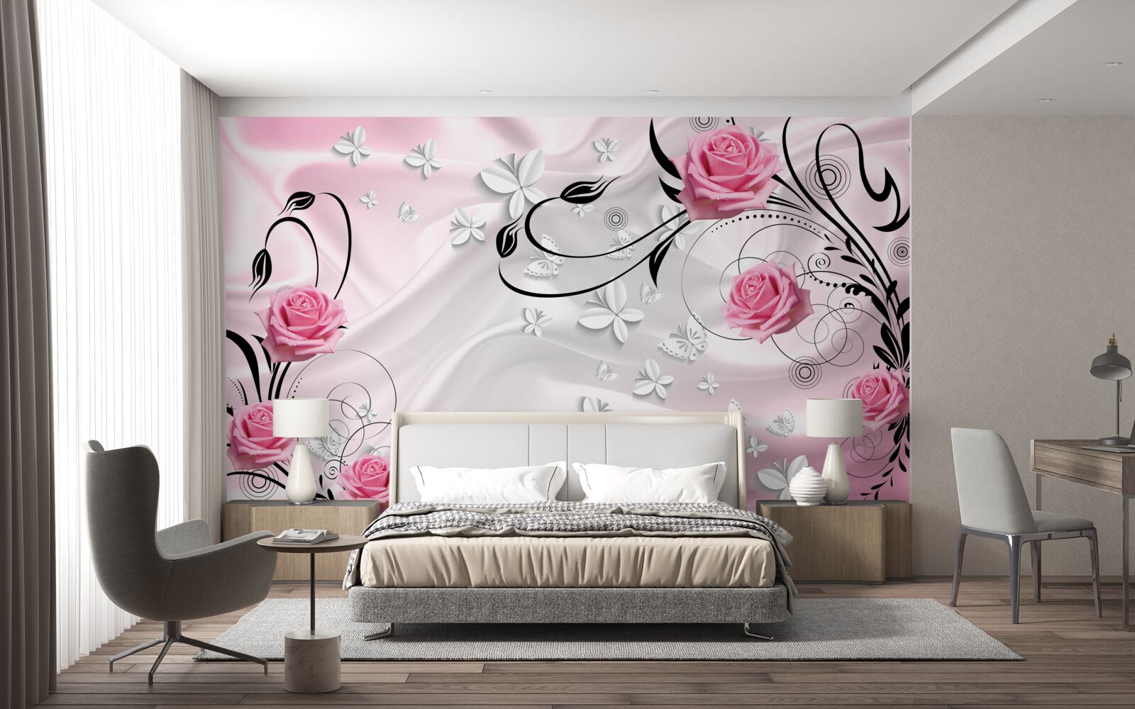 Fototapet trandafiri roz pe un fundal de mătase albă ca zăpada