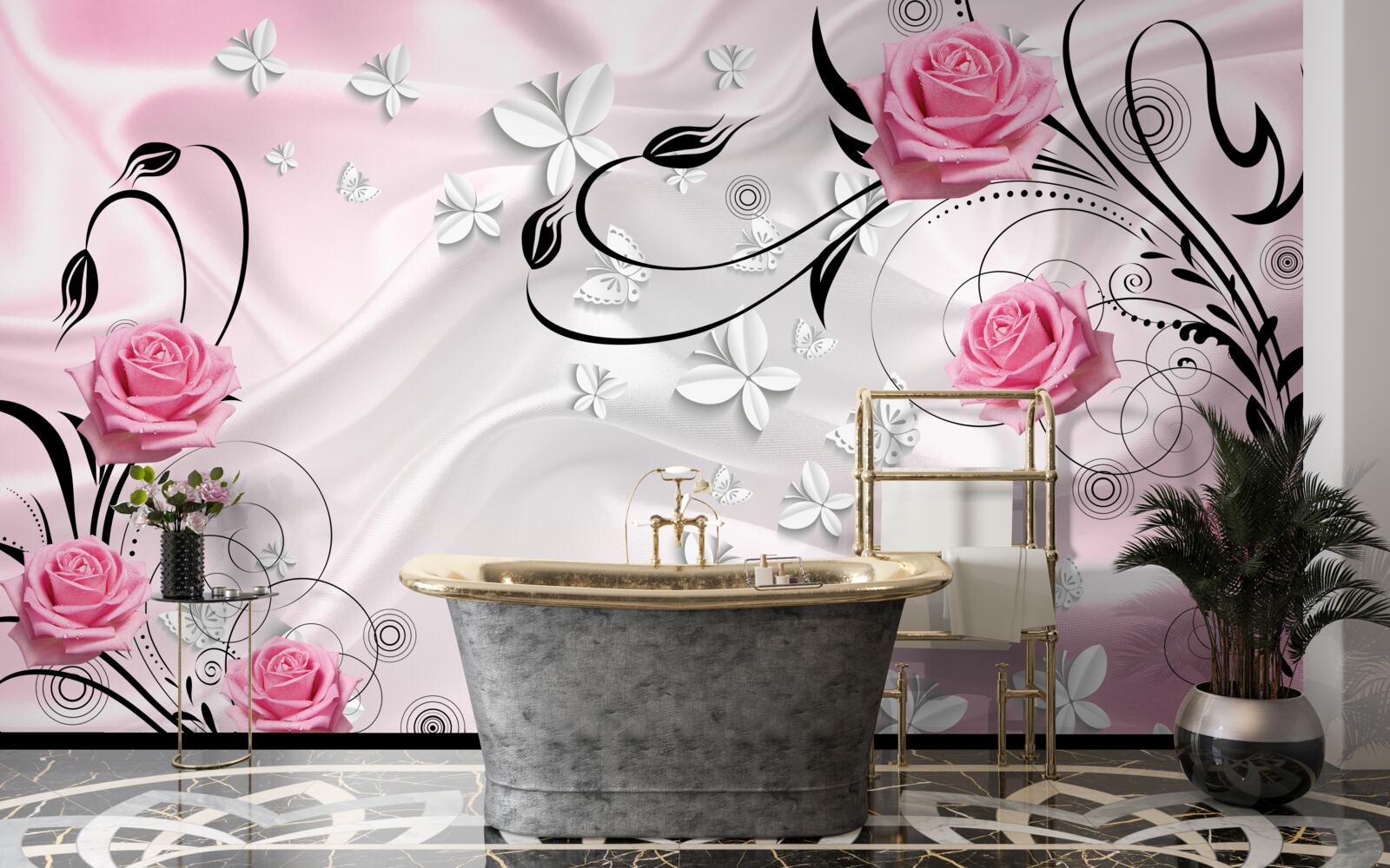 Fototapet trandafiri roz pe un fundal de mătase albă ca zăpada