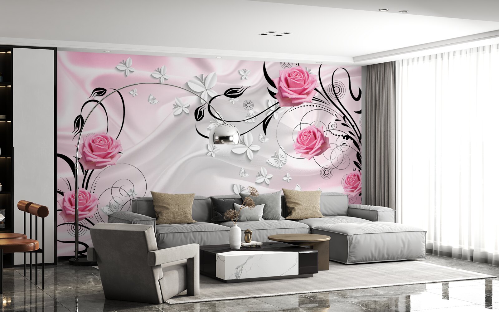 Fototapet trandafiri roz pe un fundal de mătase albă ca zăpada