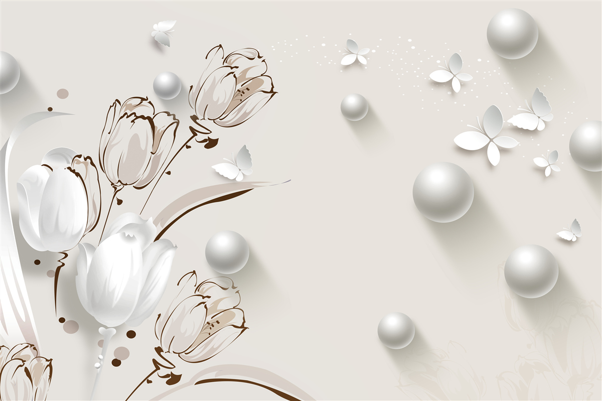 Fototapet flori din aur și perle într-o nuanță albă ca zăpada