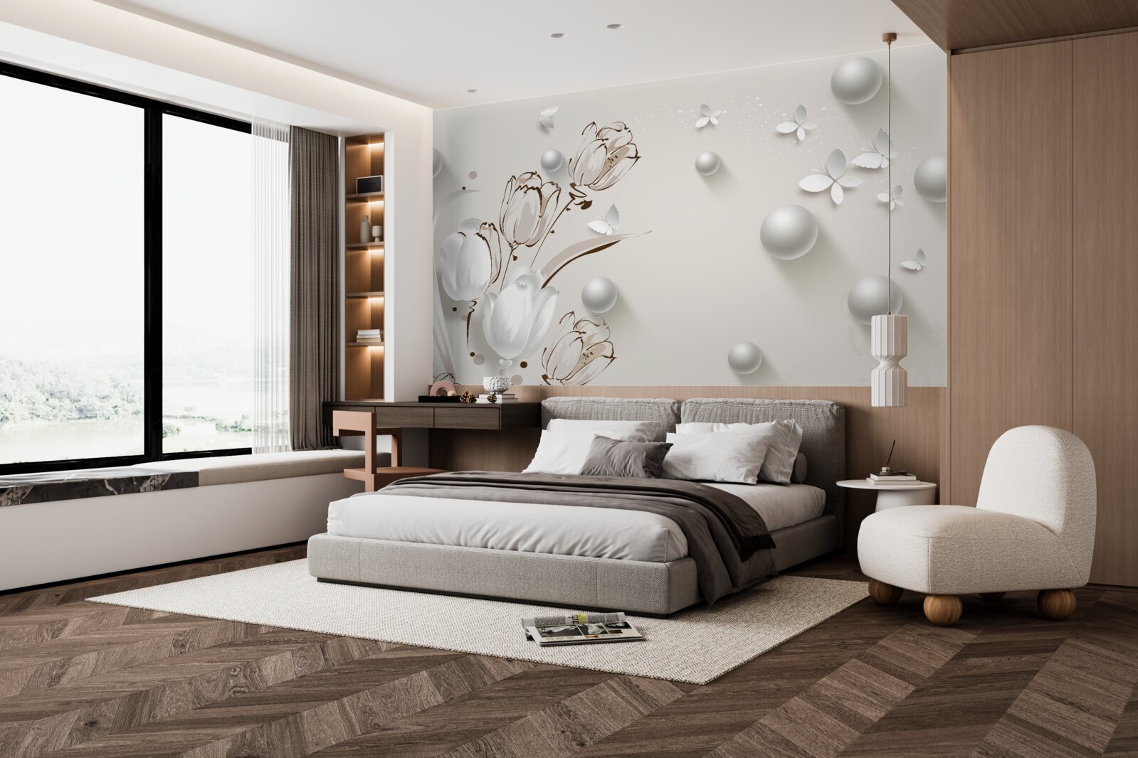 Fototapet flori din aur și perle într-o nuanță albă ca zăpada