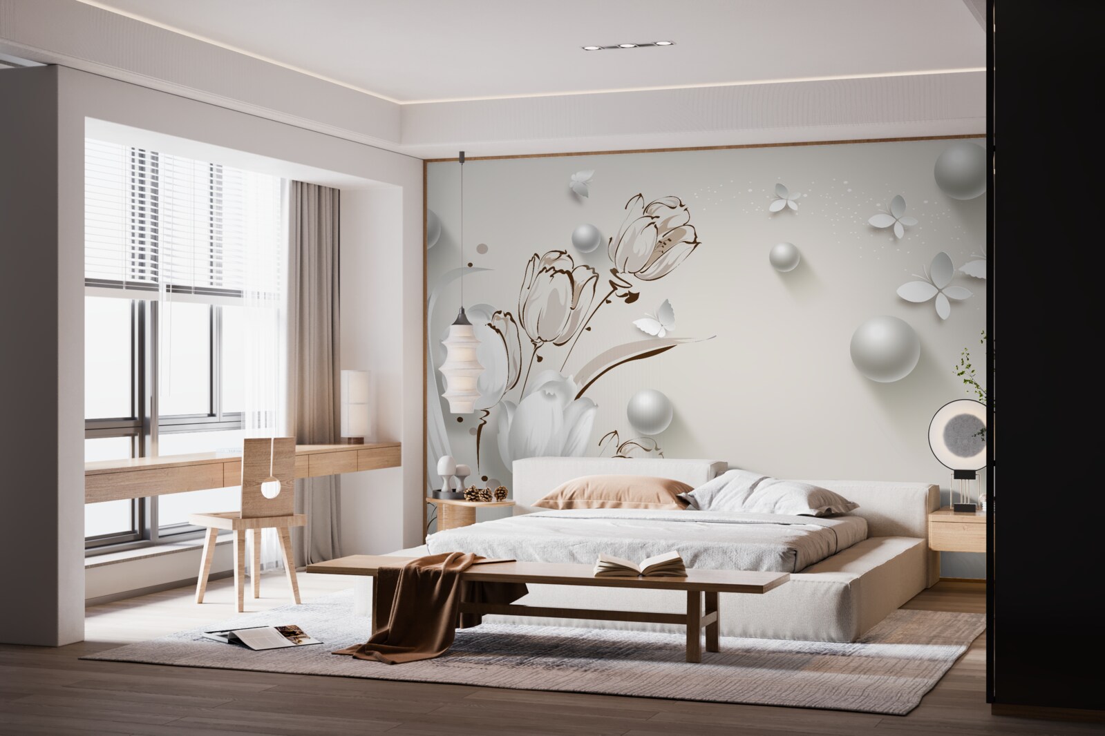 Fototapet flori din aur și perle într-o nuanță albă ca zăpada