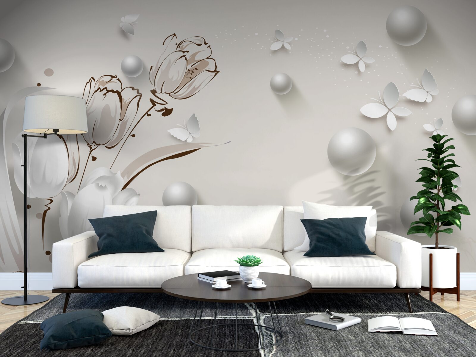 Fototapet flori din aur și perle într-o nuanță albă ca zăpada