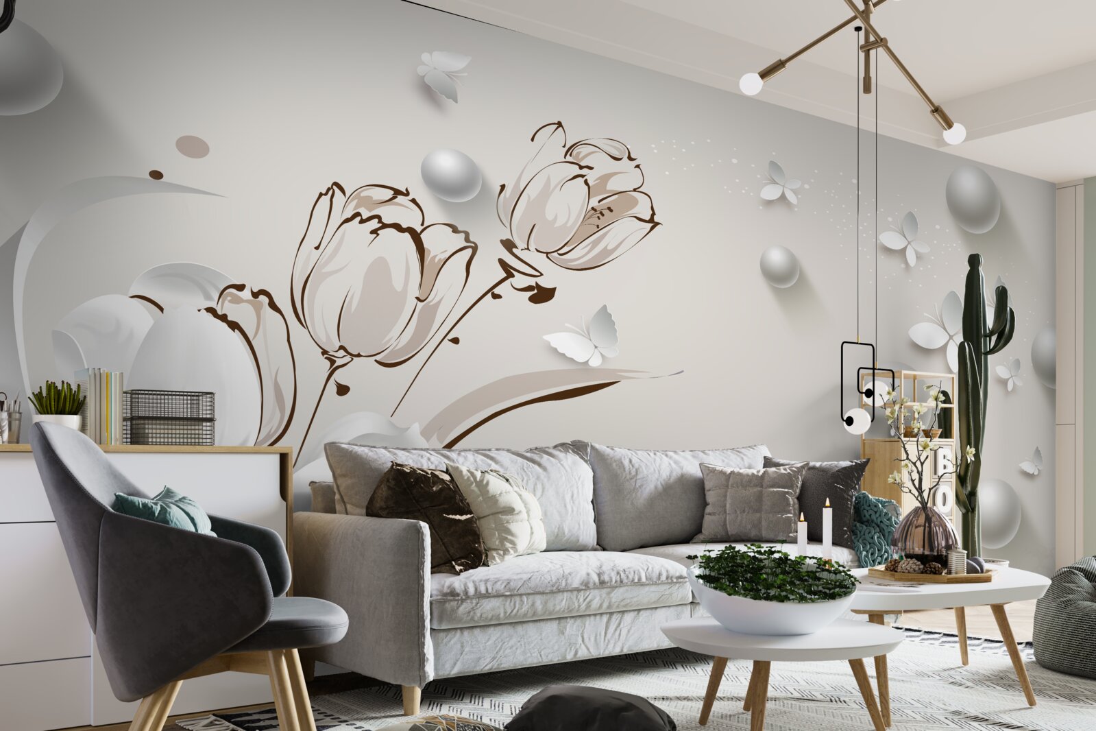 Fototapet flori din aur și perle într-o nuanță albă ca zăpada