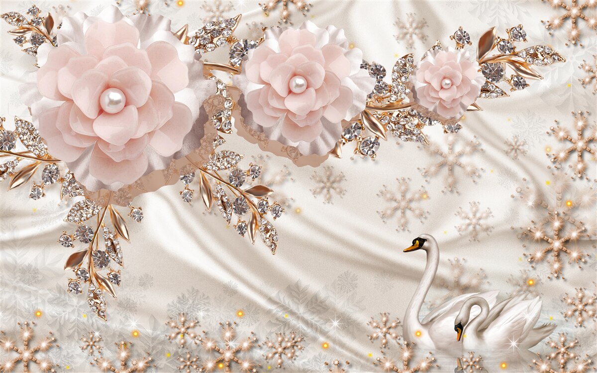 Fototapet florile roz sunt decorate cu aur și lebede albe ca zăpada