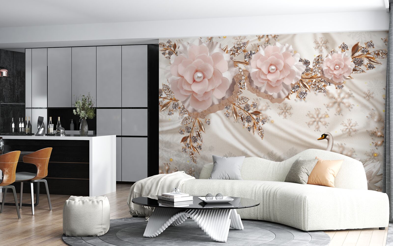 Fototapet florile roz sunt decorate cu aur și lebede albe ca zăpada