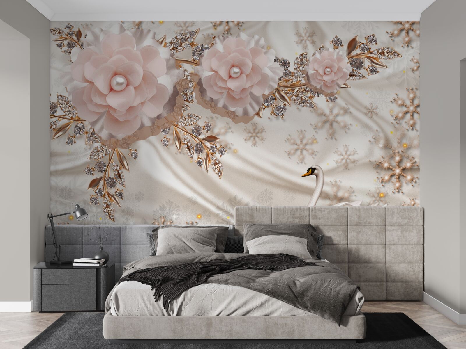 Fototapet florile roz sunt decorate cu aur și lebede albe ca zăpada