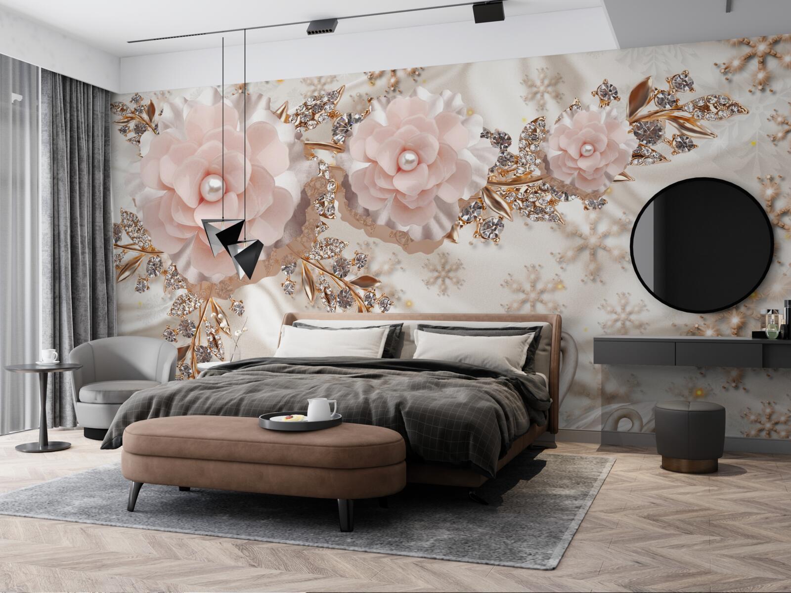 Fototapet florile roz sunt decorate cu aur și lebede albe ca zăpada