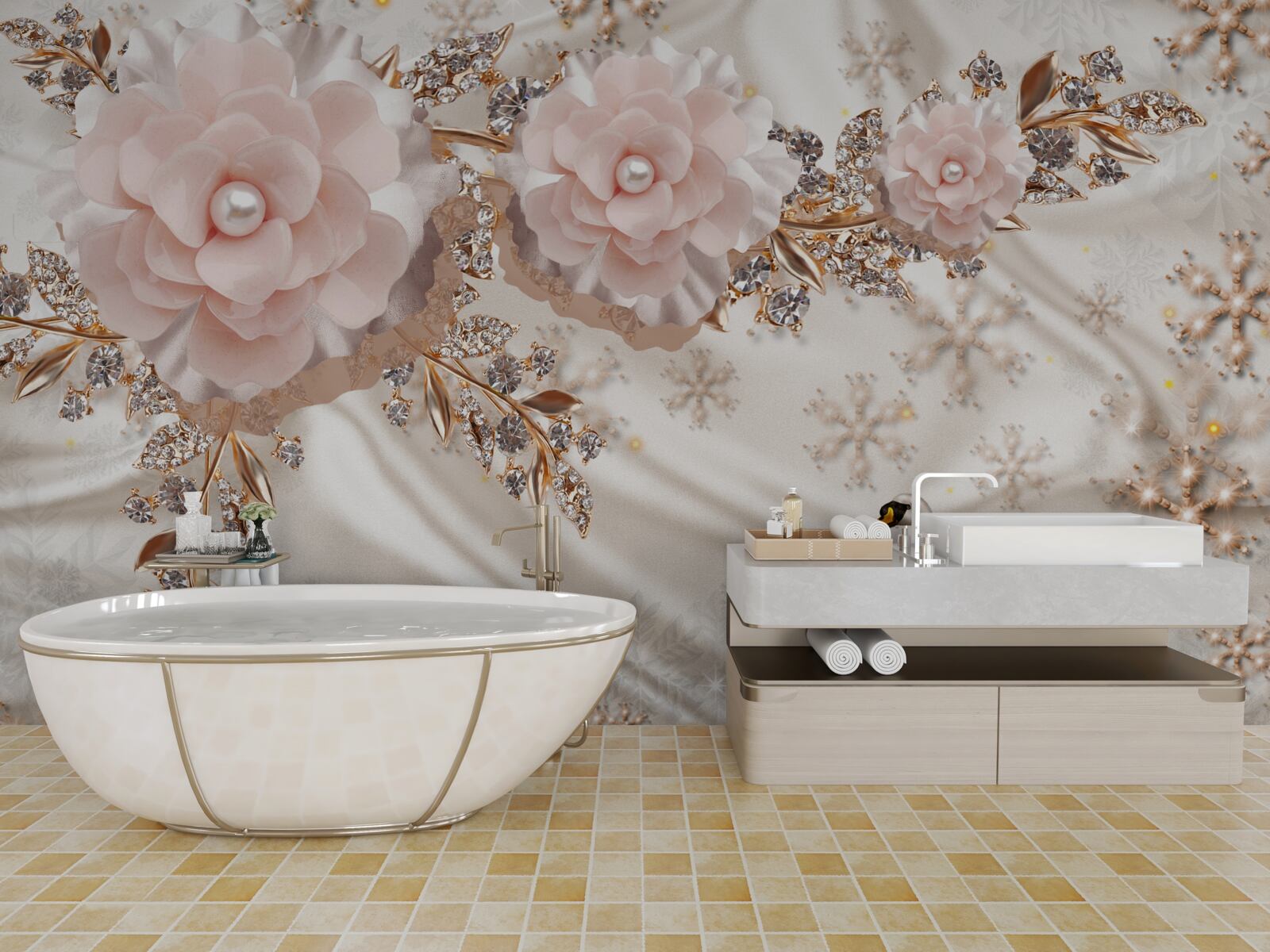 Fototapet florile roz sunt decorate cu aur și lebede albe ca zăpada