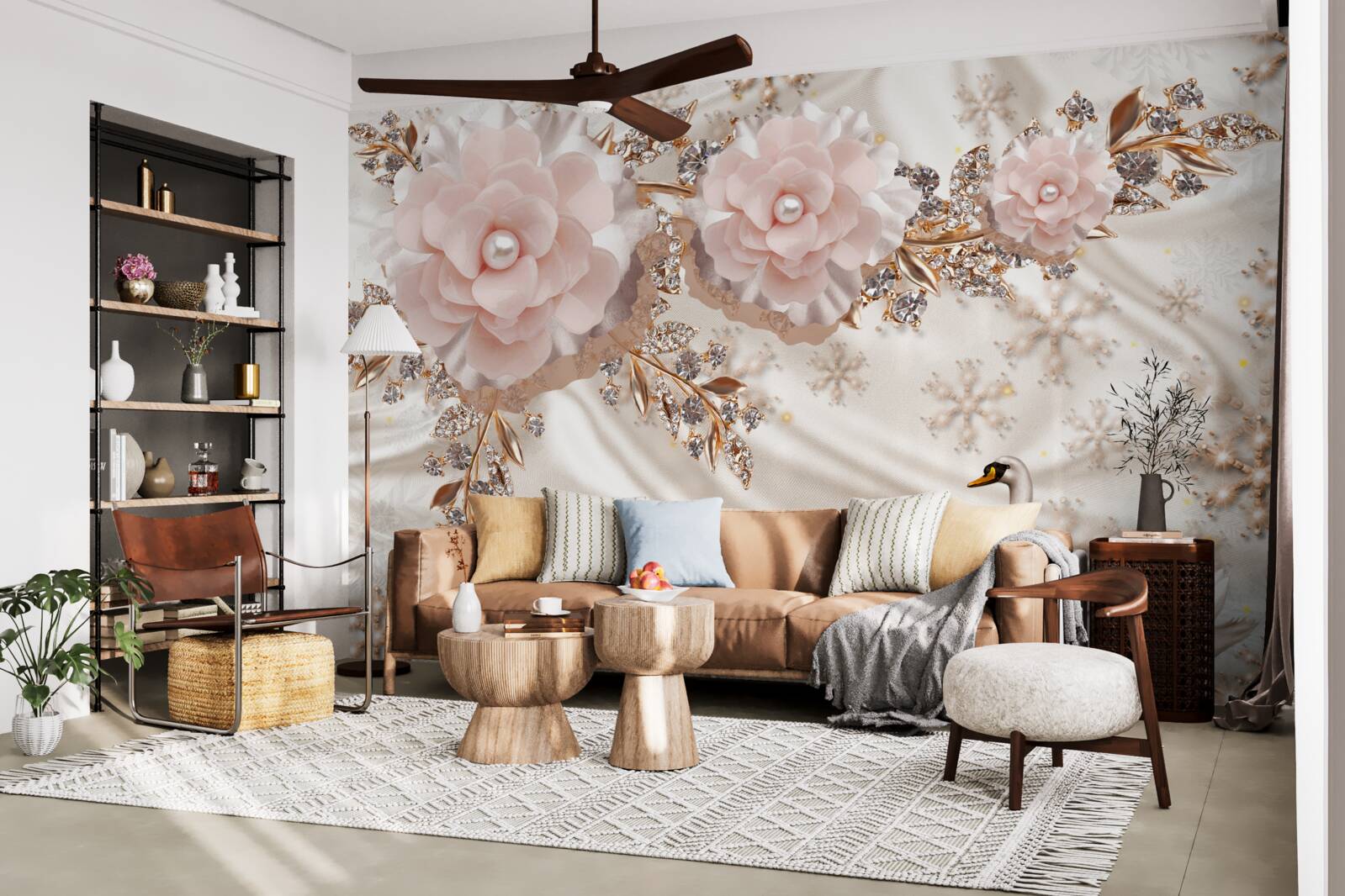 Fototapet florile roz sunt decorate cu aur și lebede albe ca zăpada