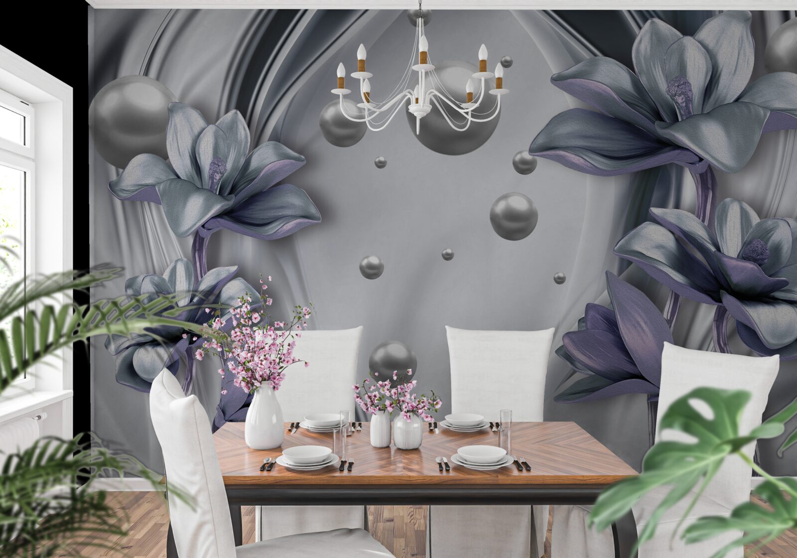 Fototapet reflexie de perle și flori în apă