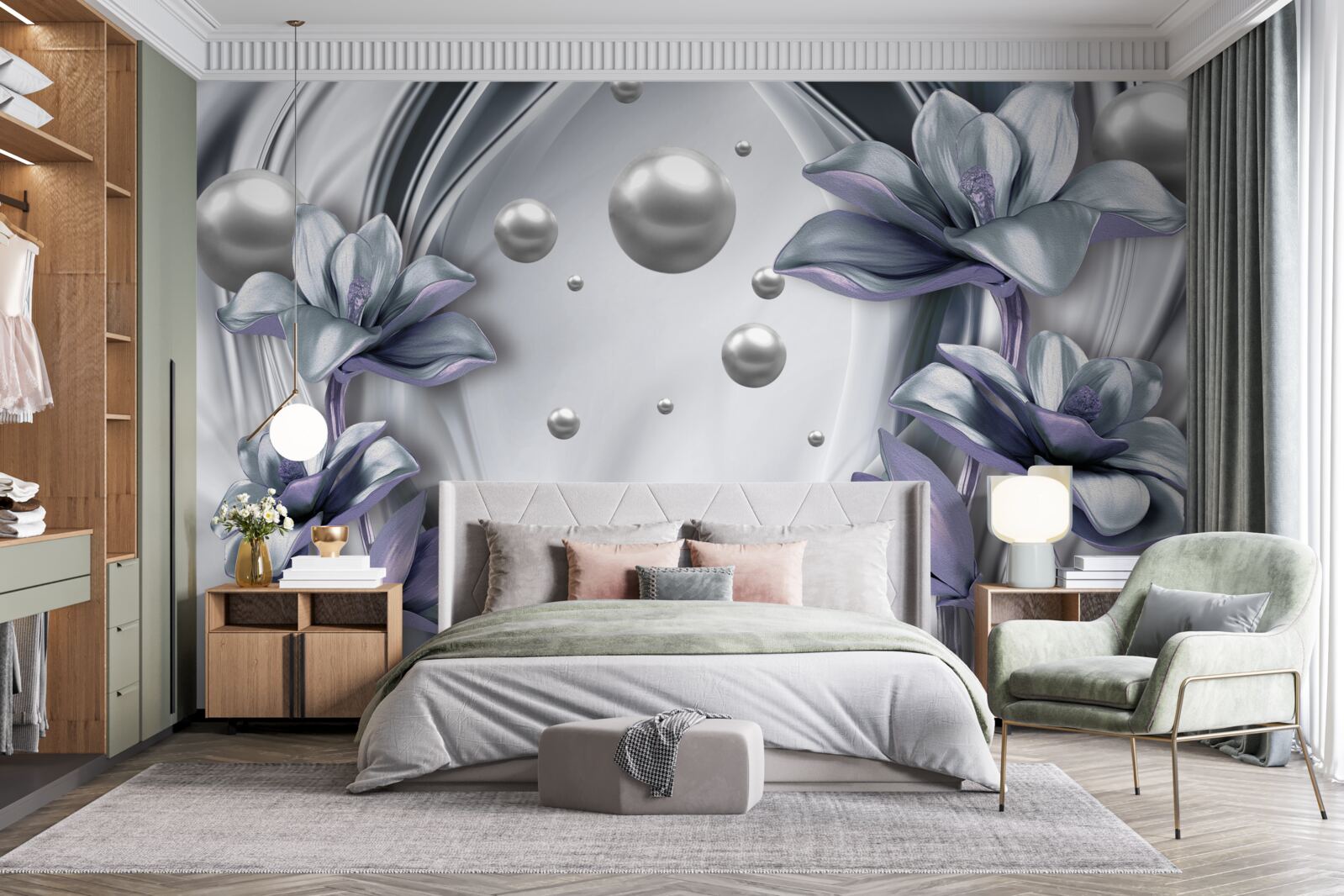 Fototapet reflexie de perle și flori în apă