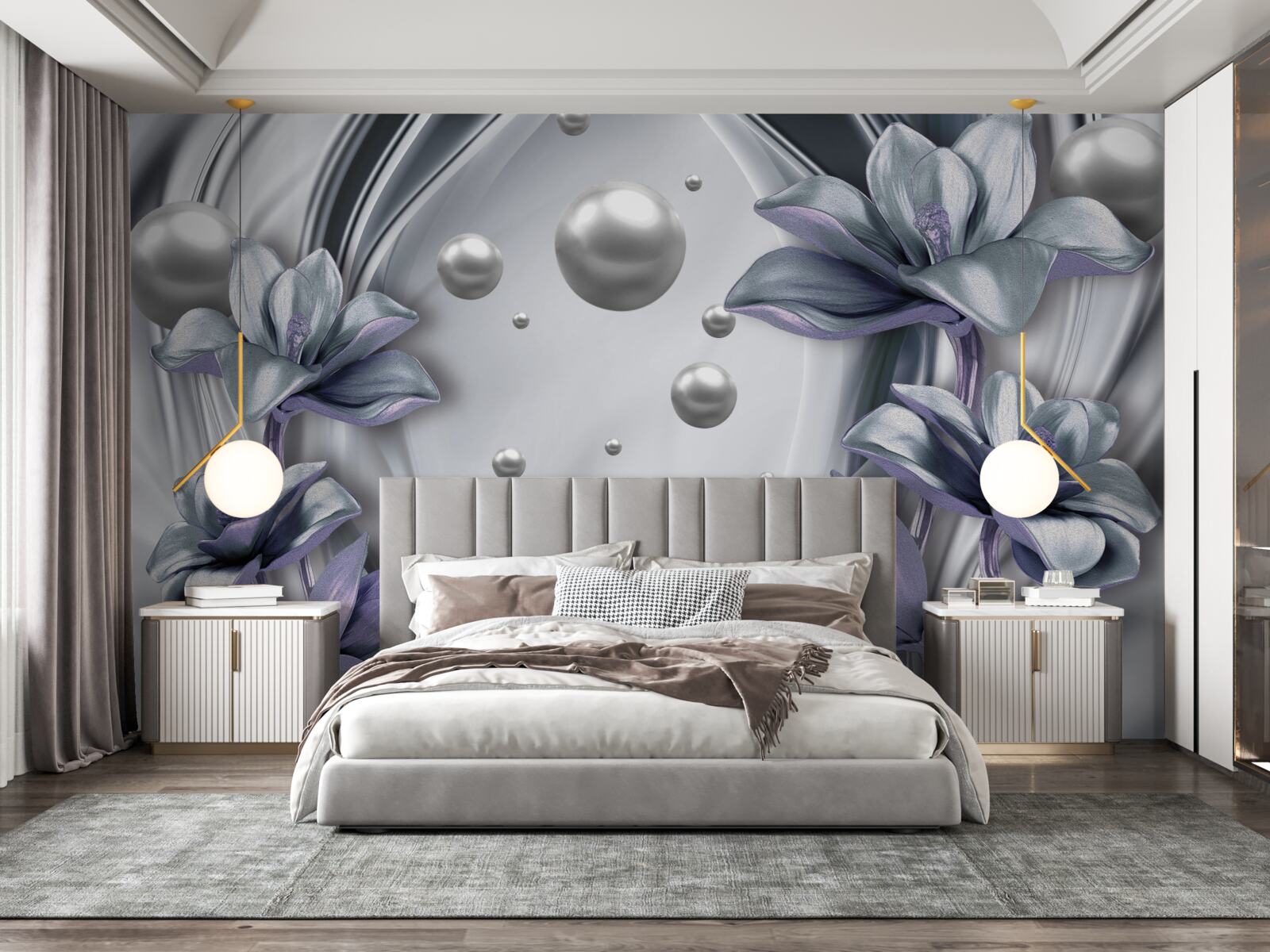 Fototapet reflexie de perle și flori în apă