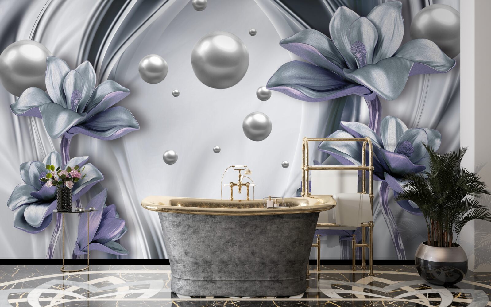 Fototapet reflexie de perle și flori în apă