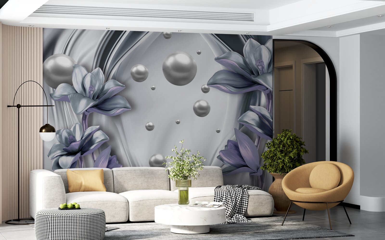 Fototapet reflexie de perle și flori în apă