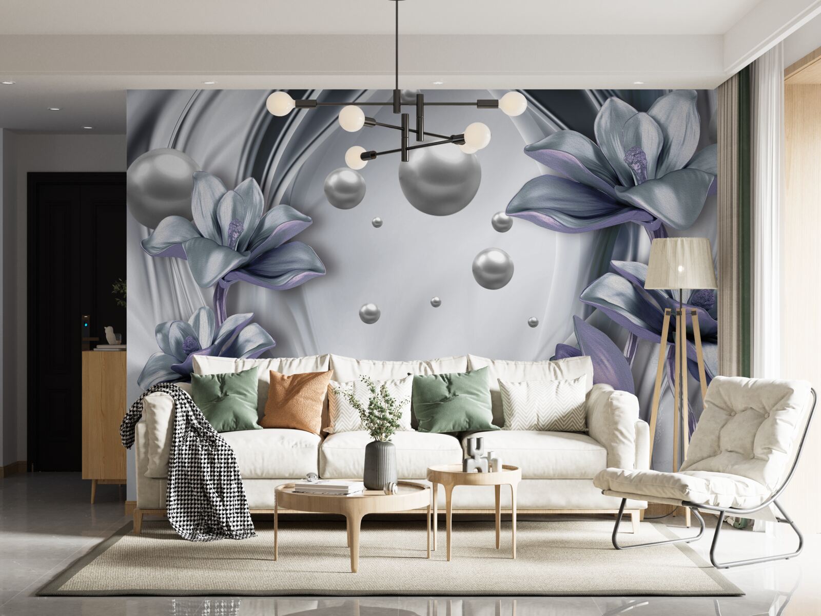 Fototapet reflexie de perle și flori în apă