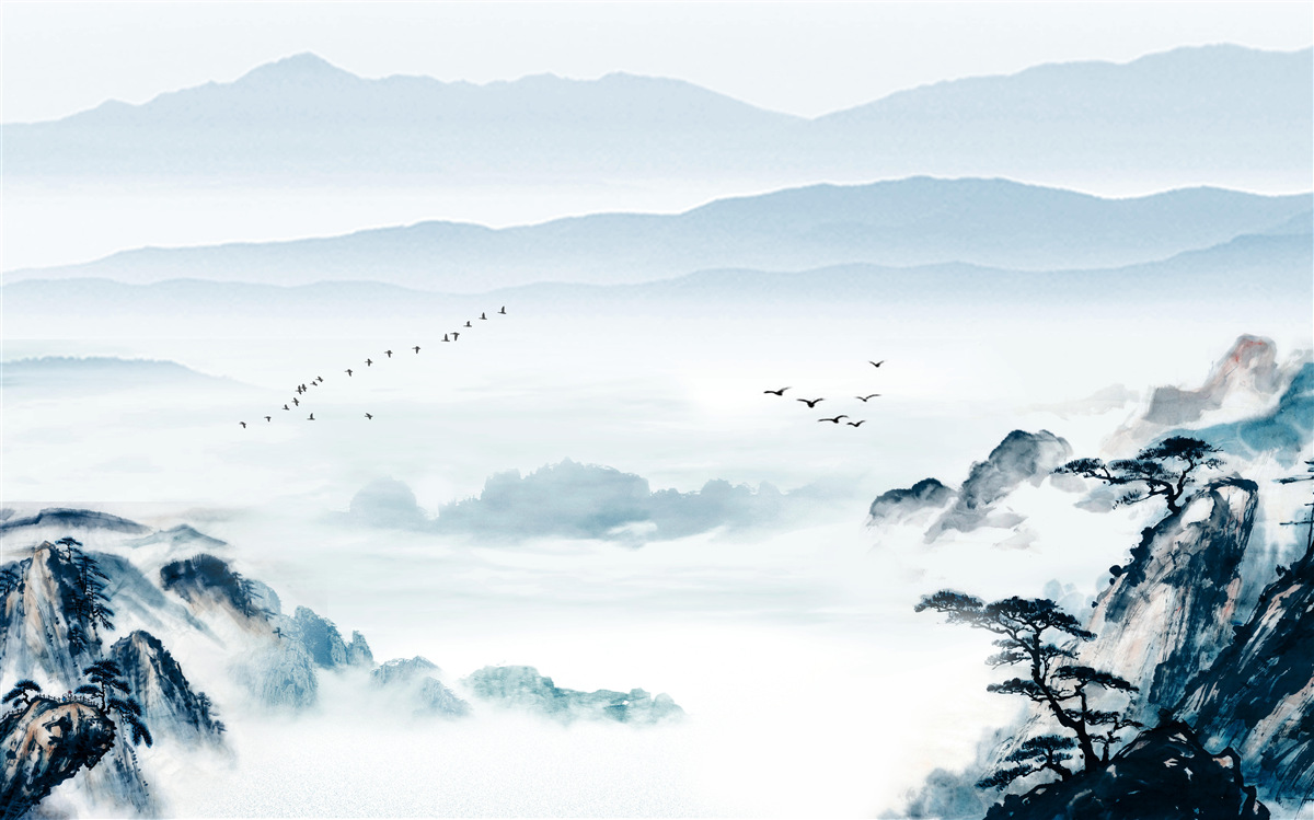 Fototapet vârfuri de munte învăluite în ceață