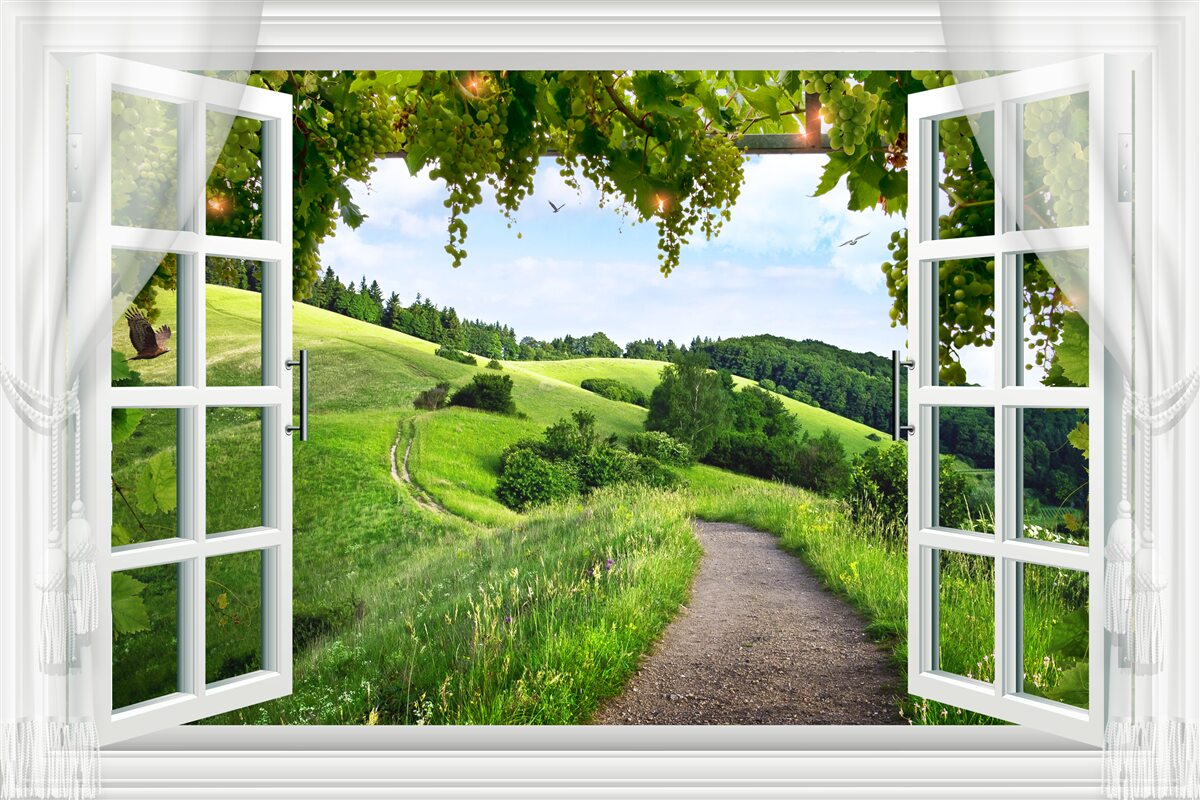 Fototapet Fereastră cu vedere la panorama de pajiști verzi
