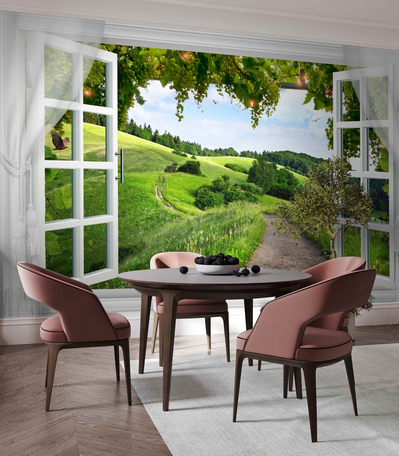 Fototapet Fereastră cu vedere la panorama de pajiști verzi