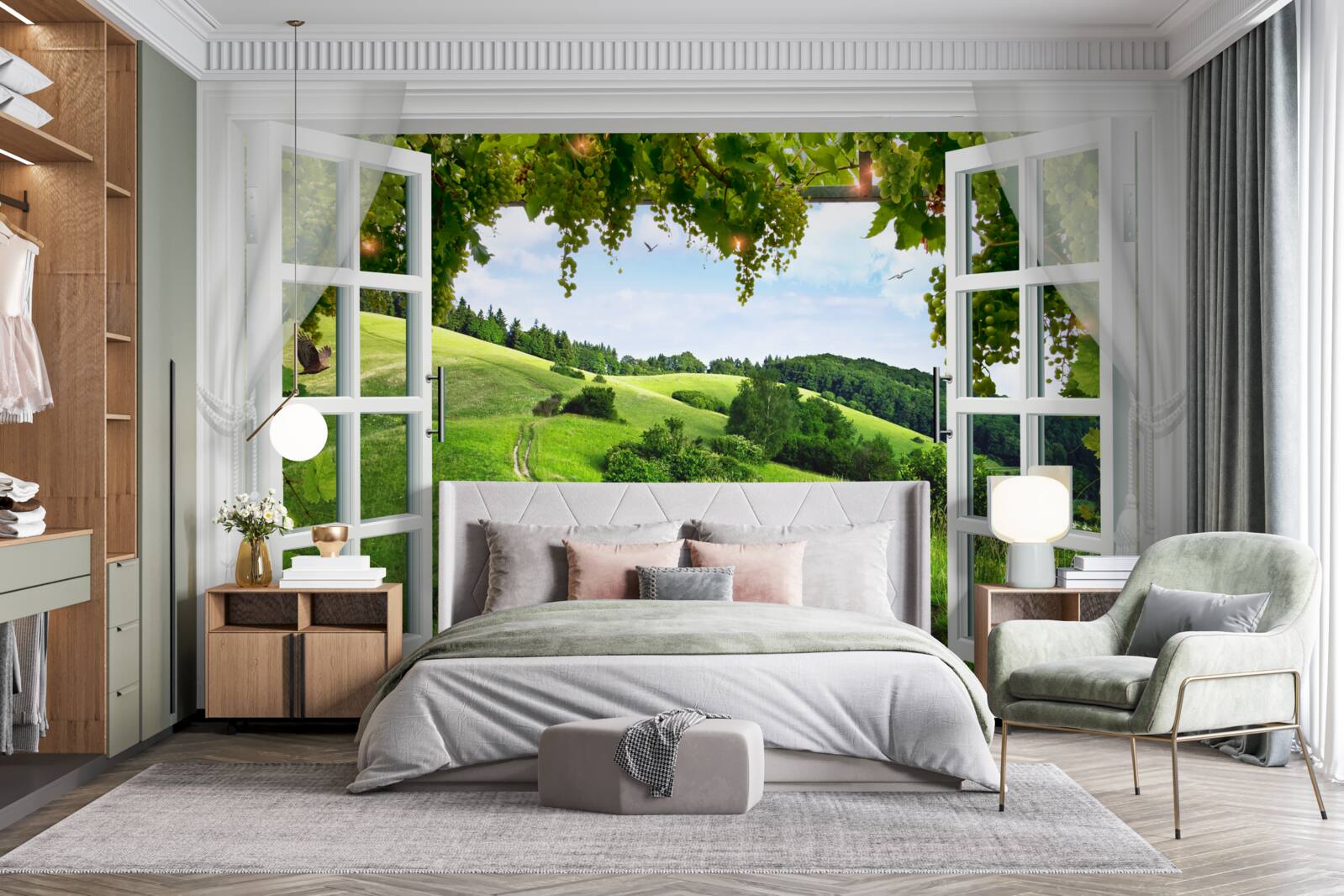 Fototapet Fereastră cu vedere la panorama de pajiști verzi