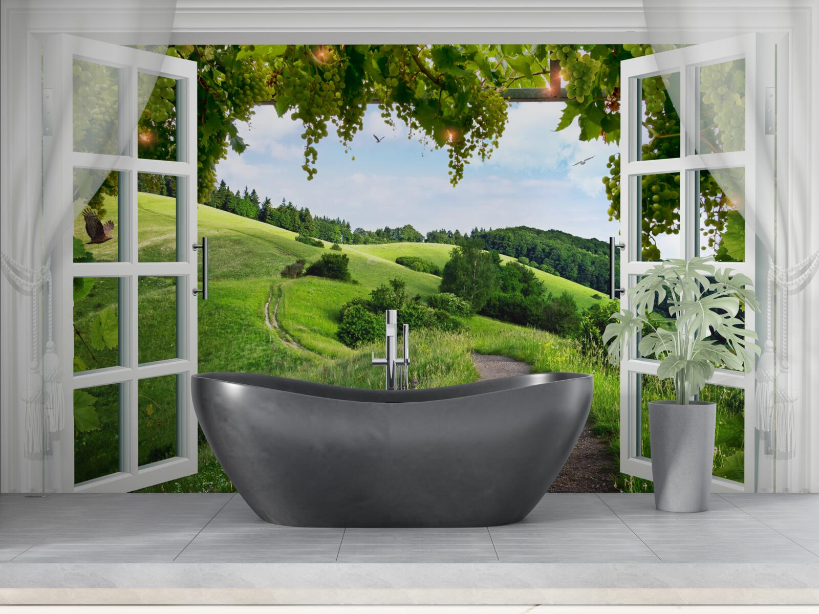 Fototapet Fereastră cu vedere la panorama de pajiști verzi