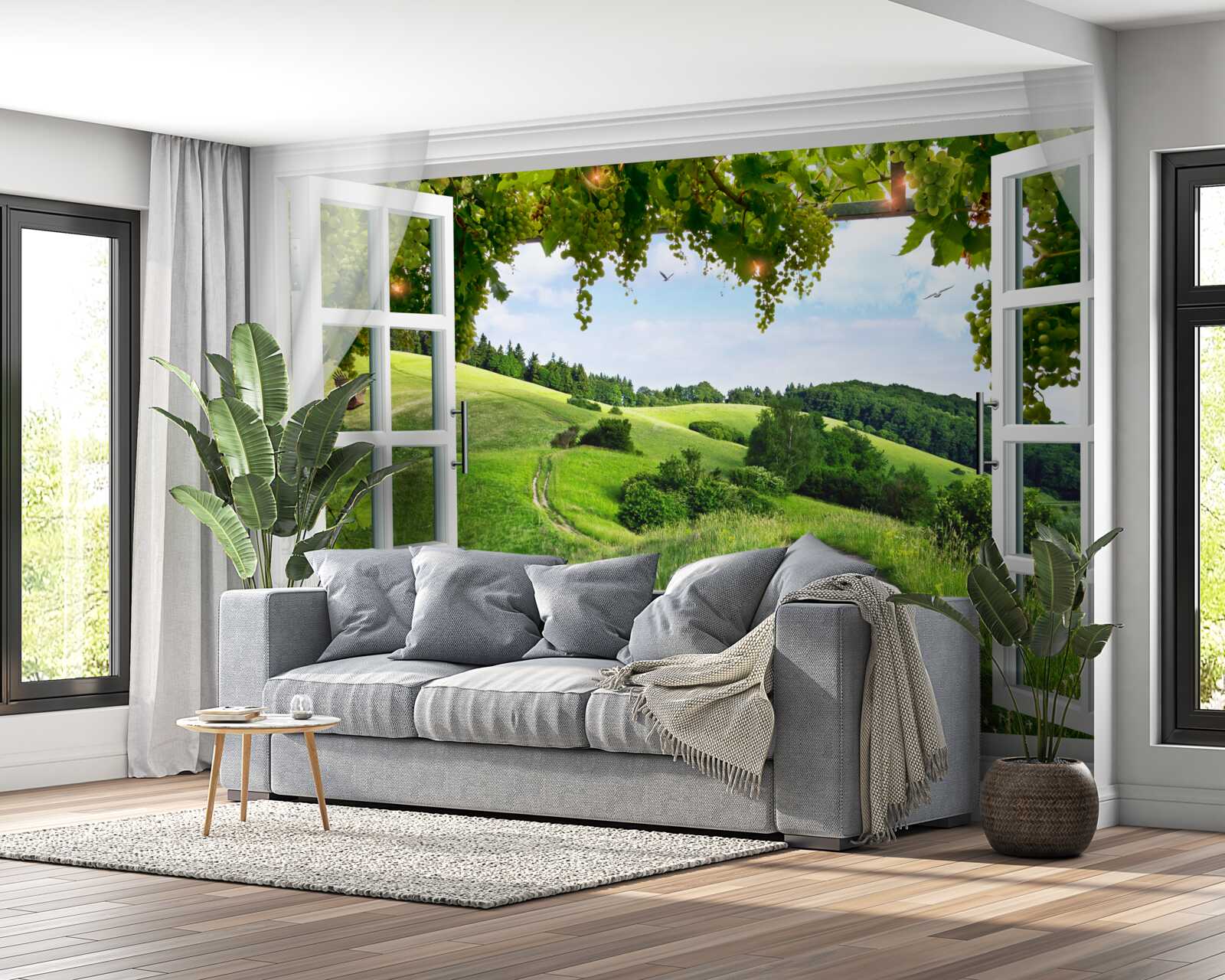 Fototapet Fereastră cu vedere la panorama de pajiști verzi