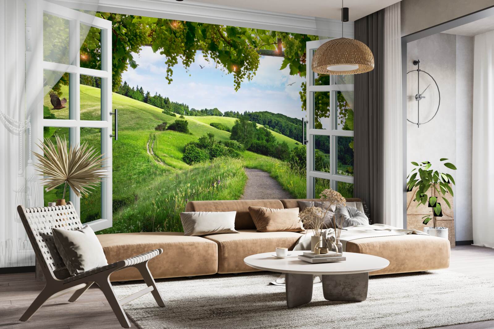 Fototapet Fereastră cu vedere la panorama de pajiști verzi