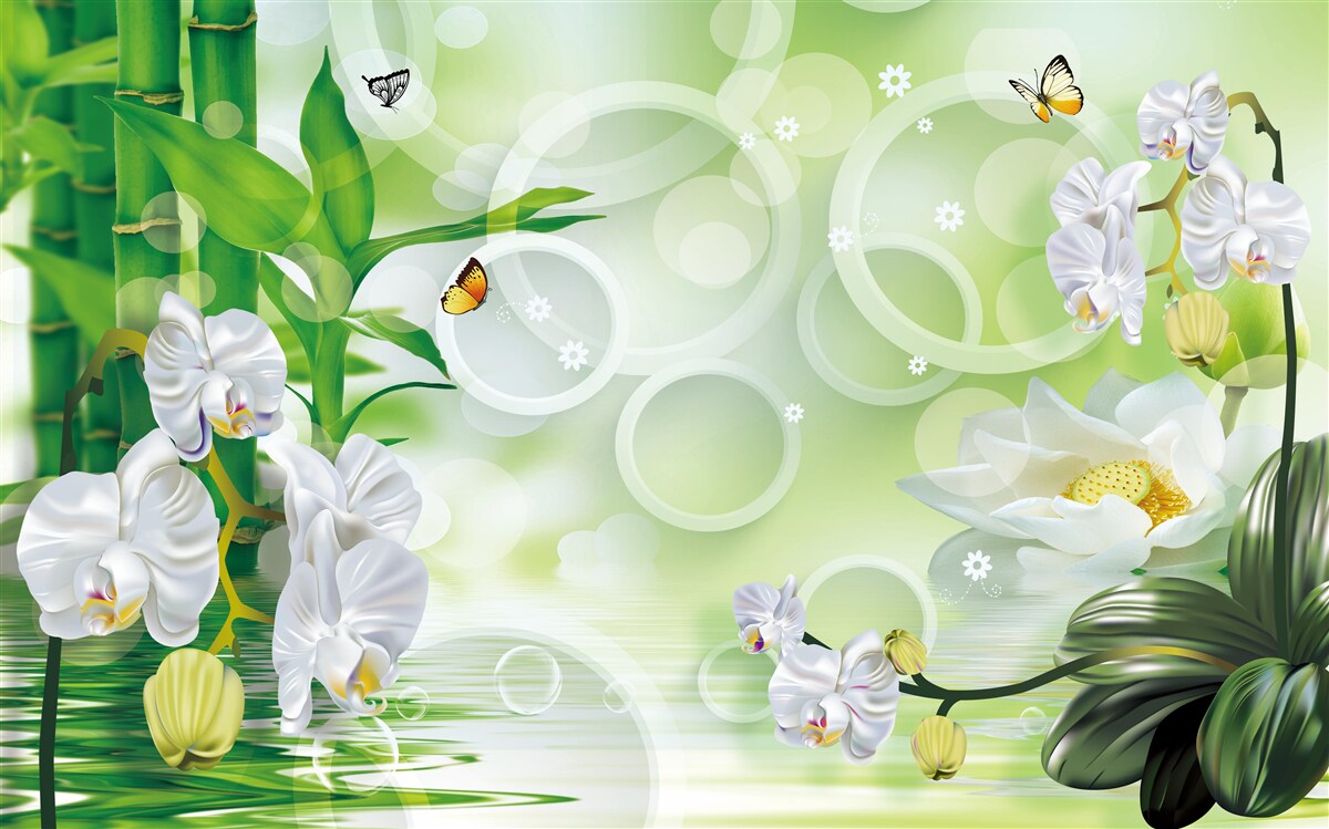 Fototapet apă care se îmbină armonios cu orhideele albe și bambusul