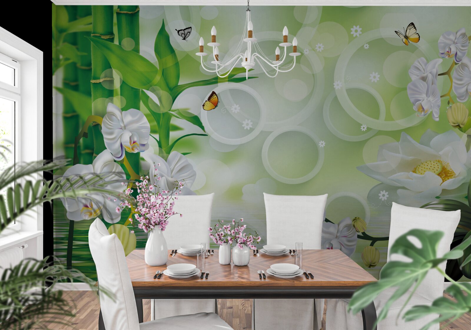 Fototapet apă care se îmbină armonios cu orhideele albe și bambusul