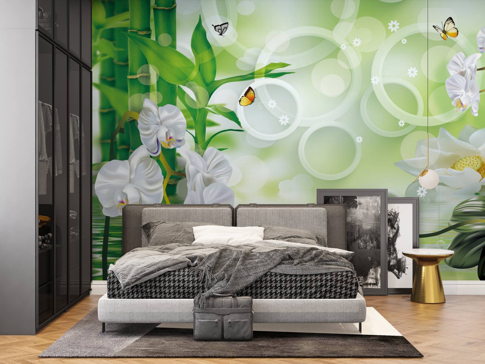 Fototapet apă care se îmbină armonios cu orhideele albe și bambusul