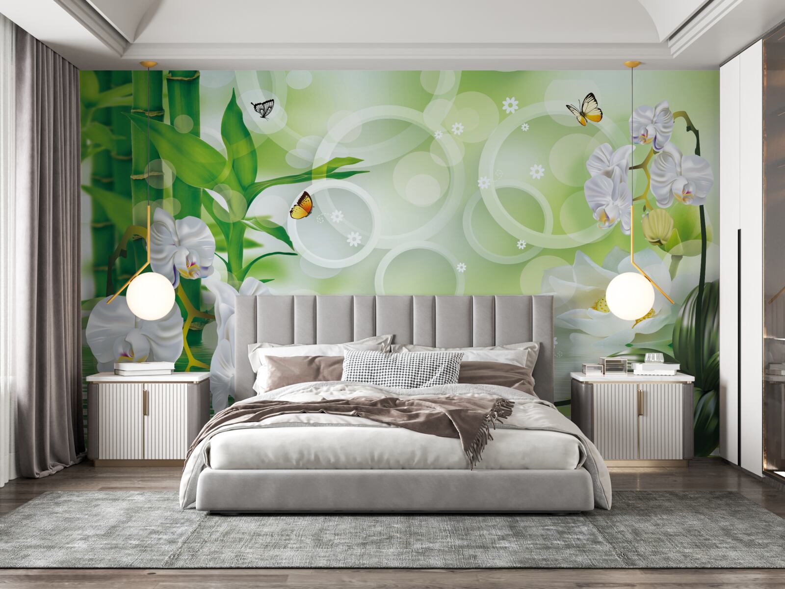 Fototapet apă care se îmbină armonios cu orhideele albe și bambusul