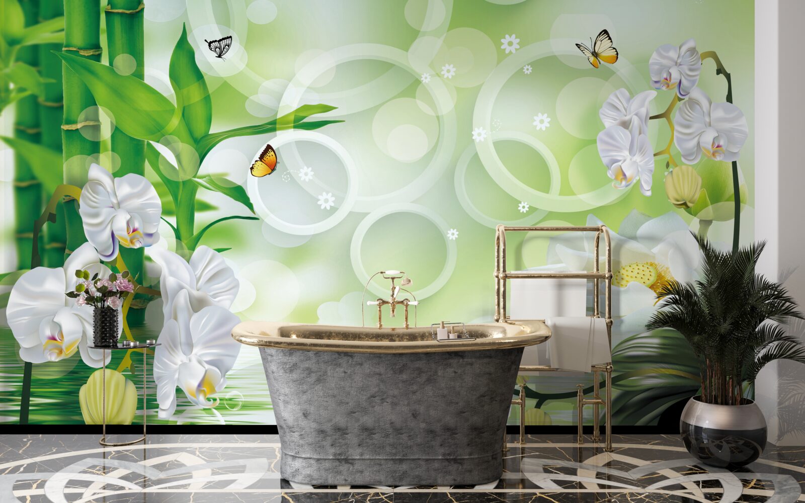 Fototapet apă care se îmbină armonios cu orhideele albe și bambusul