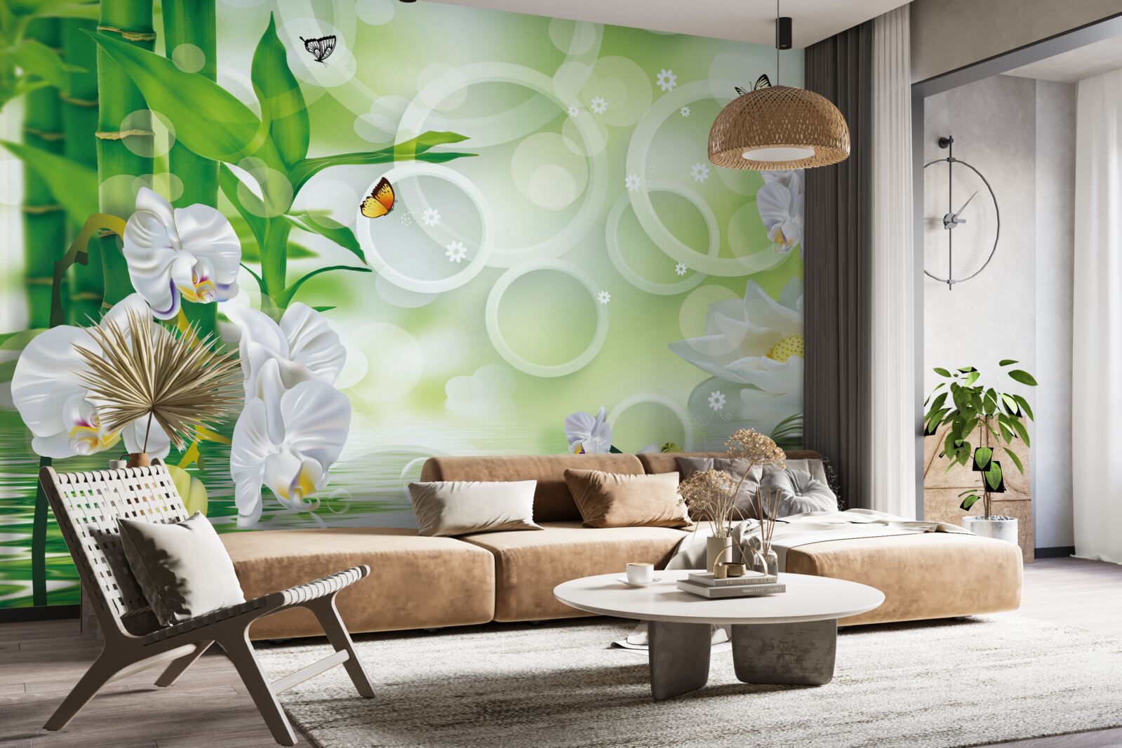 Fototapet apă care se îmbină armonios cu orhideele albe și bambusul