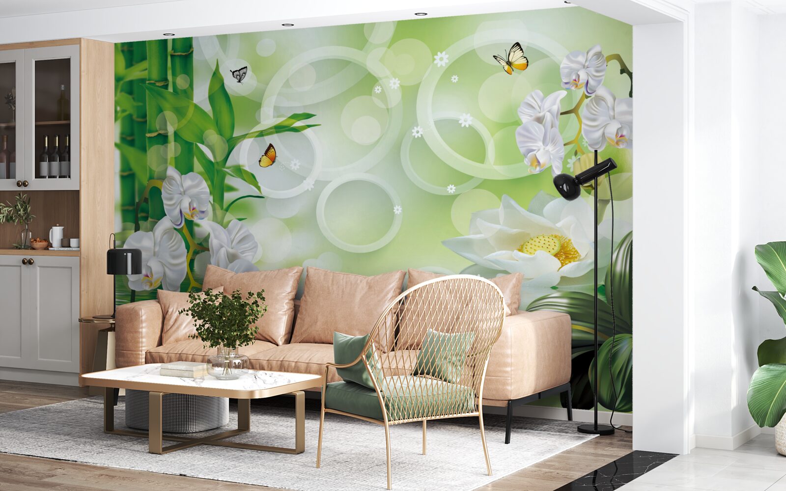 Fototapet bambusul verde și florile sunt reflectate în apă, înconjurate de cercuri albe