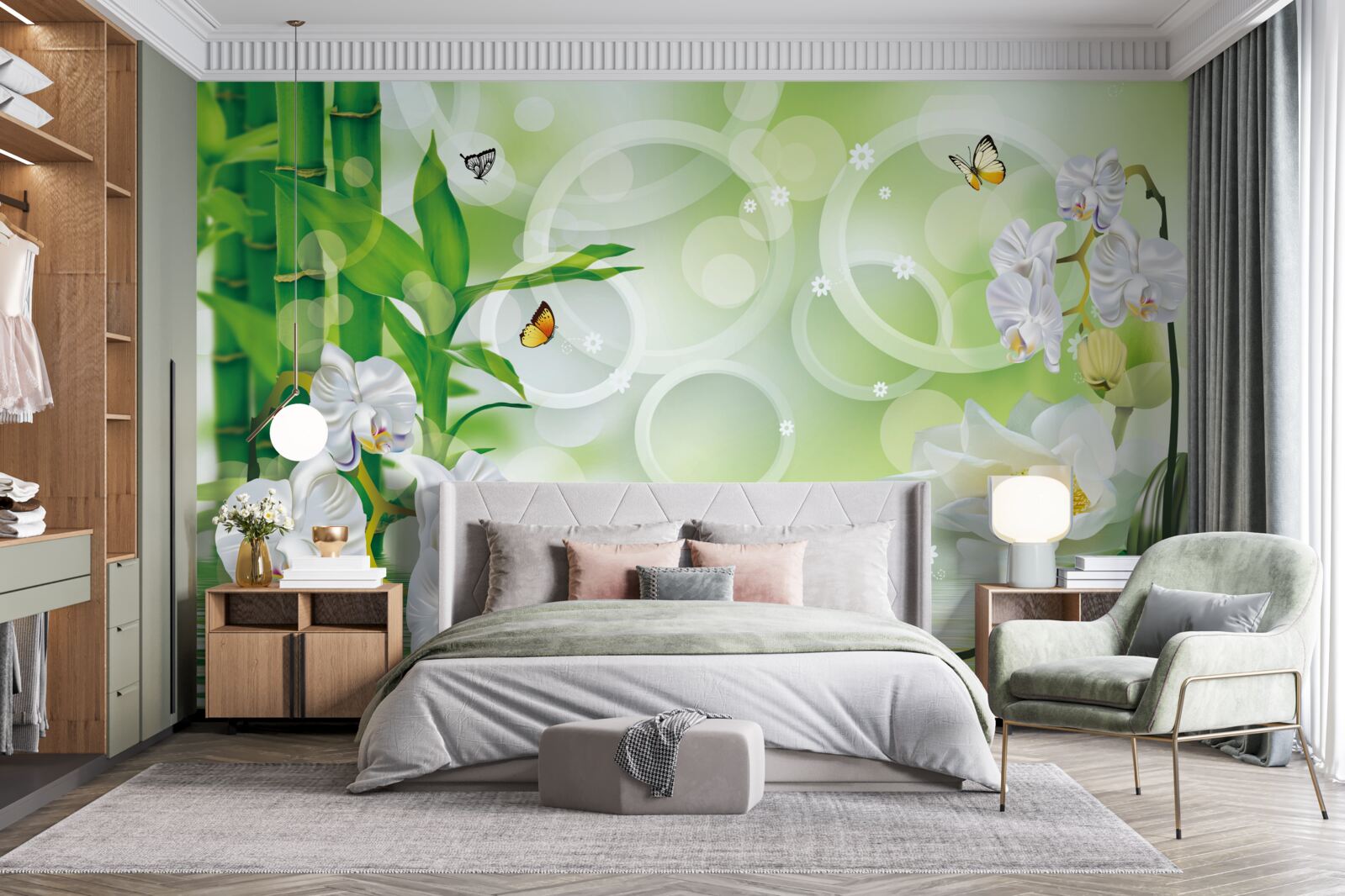 Fototapet bambusul verde și florile sunt reflectate în apă, înconjurate de cercuri albe