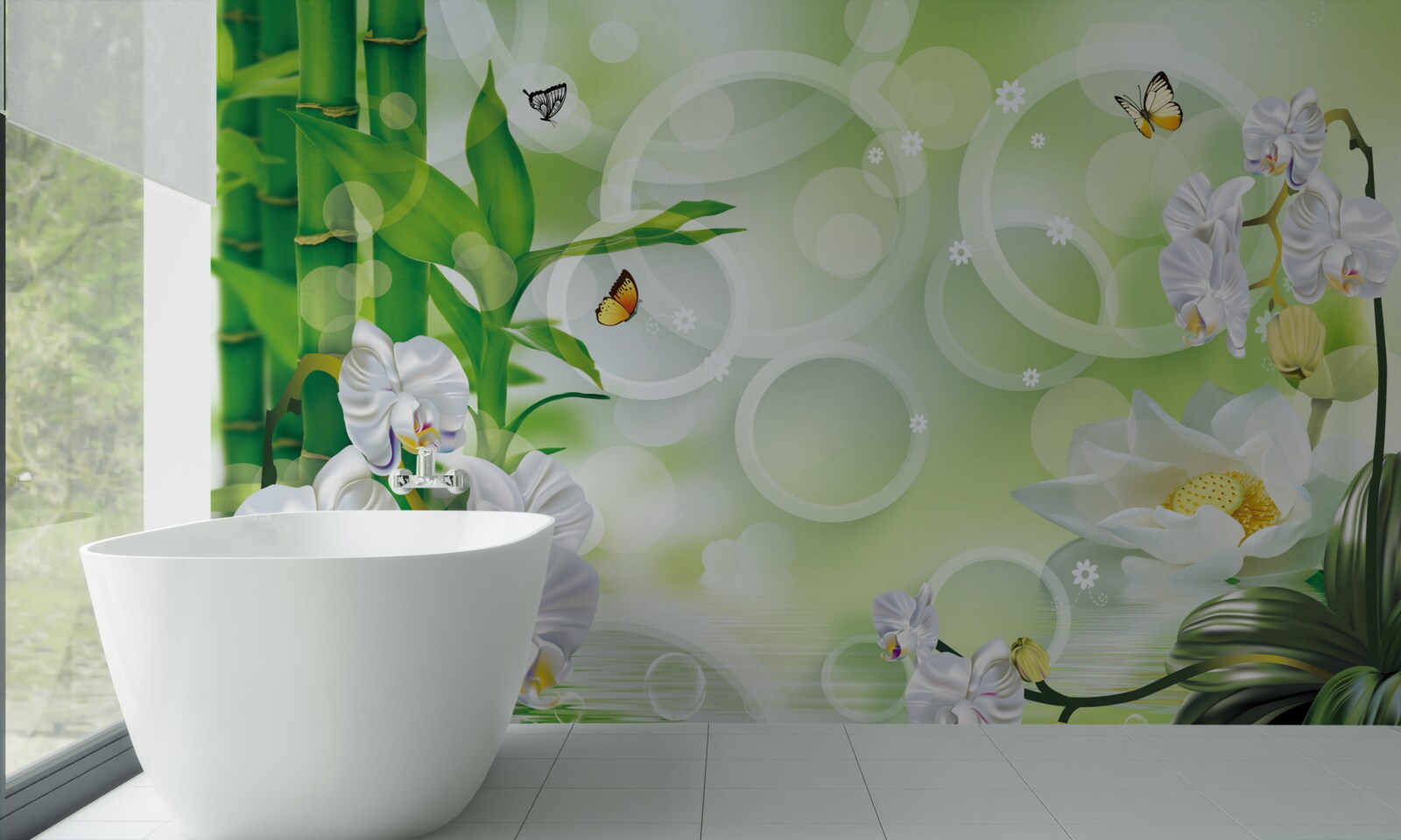 Fototapet bambusul verde și florile sunt reflectate în apă, înconjurate de cercuri albe