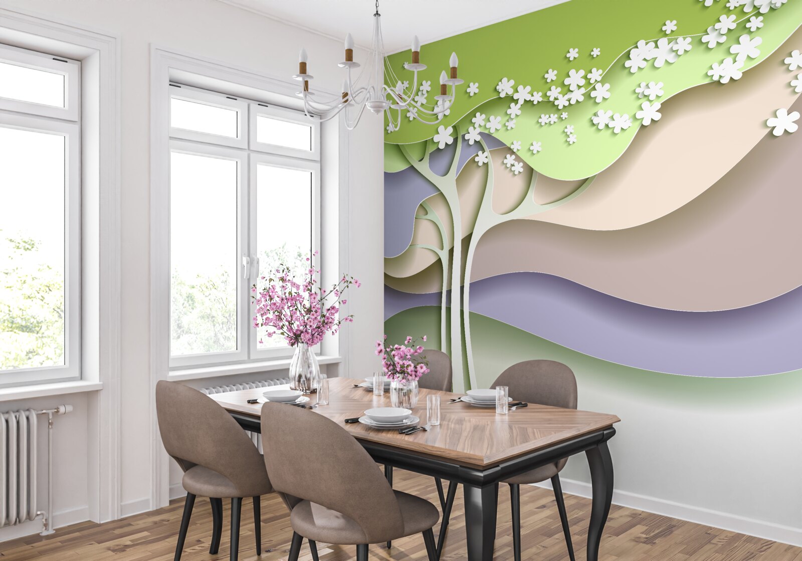 Fototapet abstractizare a unui copac înflorit cu frunze