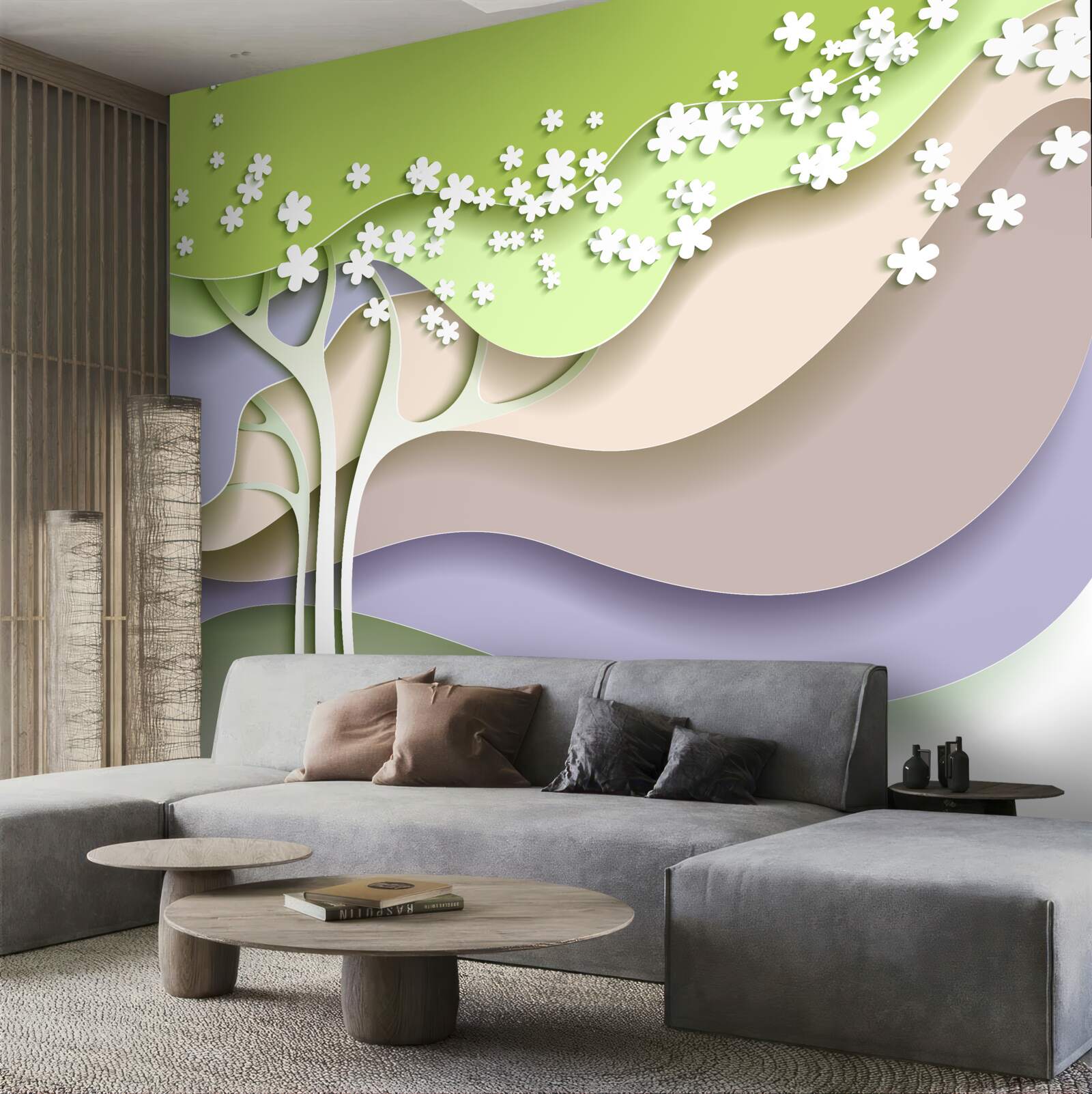 Fototapet abstractizare a unui copac înflorit cu frunze