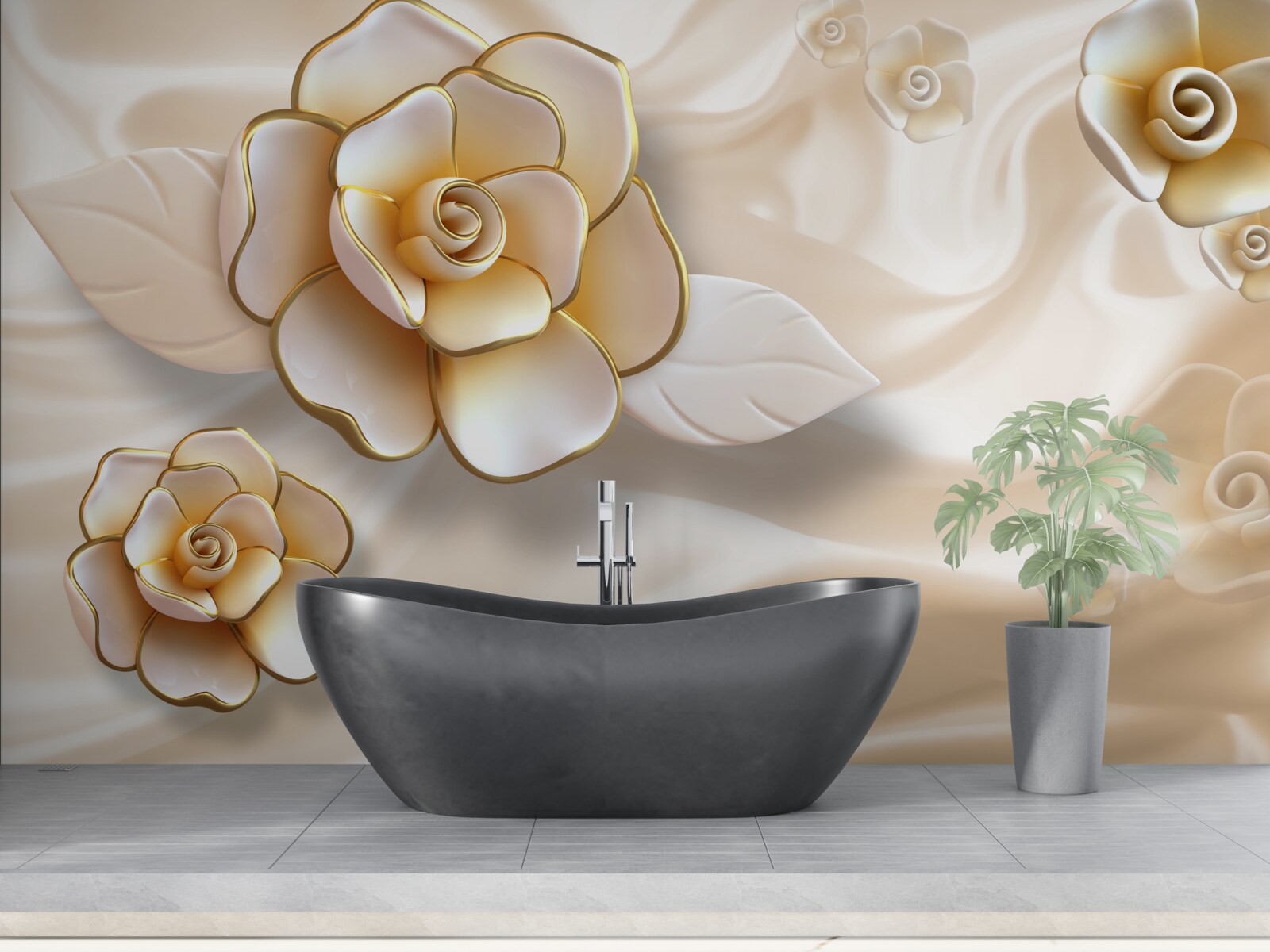 Fototapet trandafiri albi de lux cu nuanțe aurii