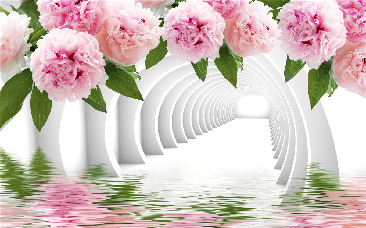 Fototapet bujori în roz deasupra suprafeței apei