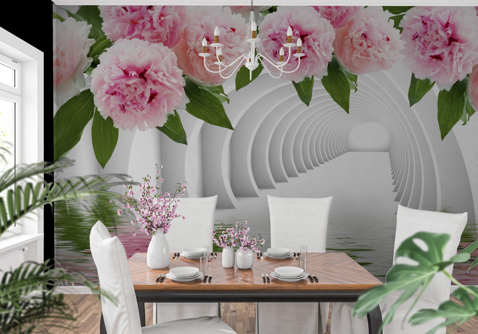 Fototapet bujori în roz deasupra suprafeței apei