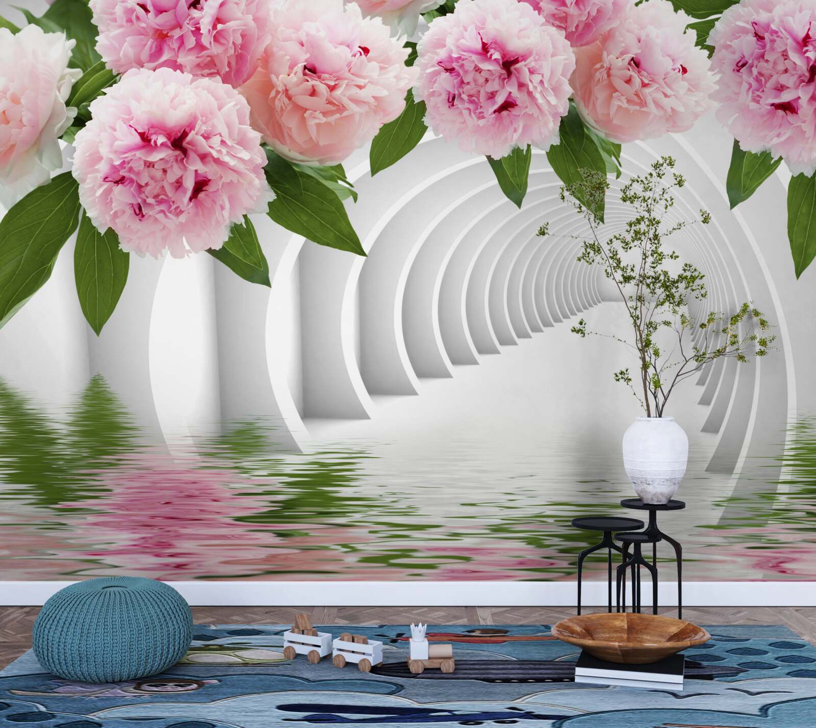 Fototapet bujori în roz deasupra suprafeței apei