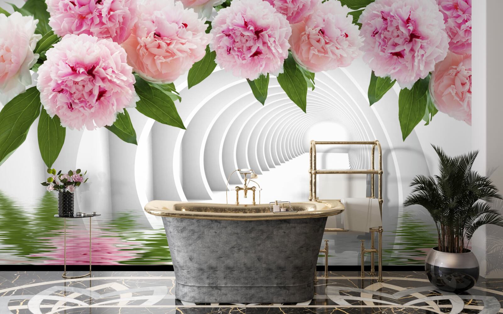 Fototapet bujori în roz deasupra suprafeței apei