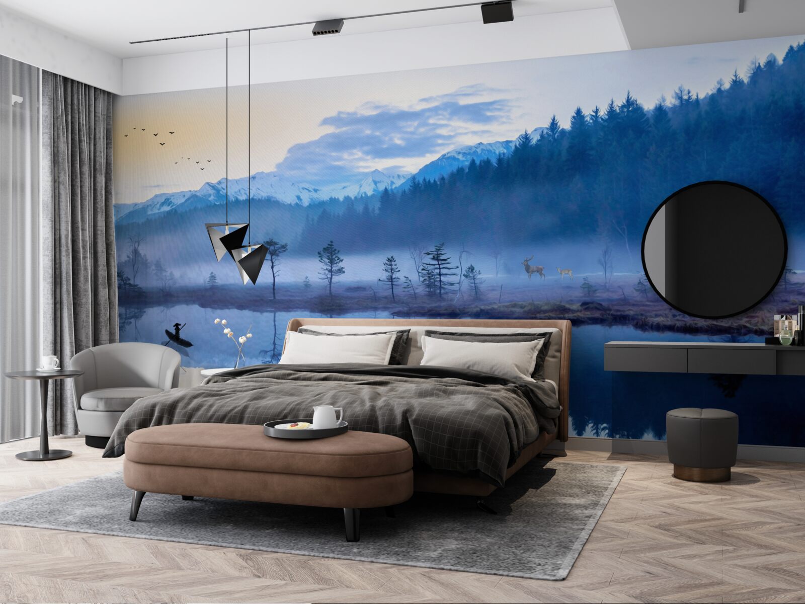 Fototapet imagine a unei păduri de molid într-o oglindă de apă