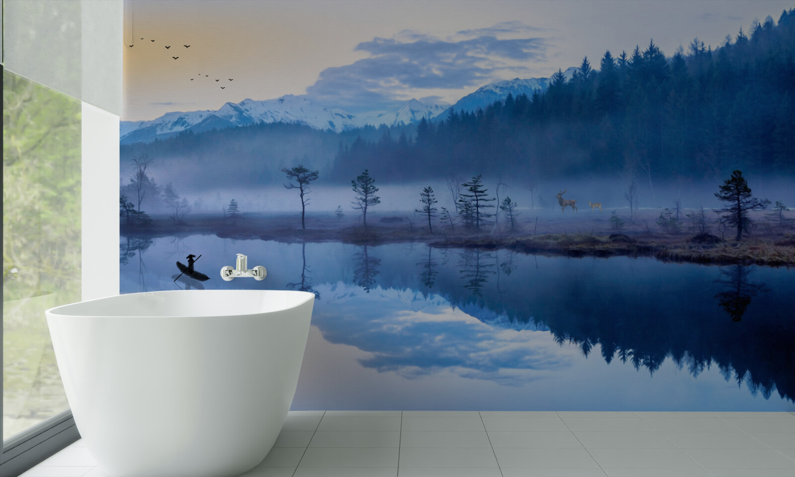 Fototapet imagine a unei păduri de molid într-o oglindă de apă